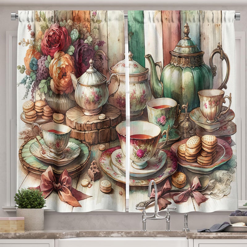 Ambesonne English Aura Kitchen Curtains  Vintage Farmhouse Tea Time Scenario with Gentle Peony Flowery Print  Window Drapes 2 Panel Set for Kitchen Cafe Decor  55"" x 39""  Sea Green Multicolor - Image 1