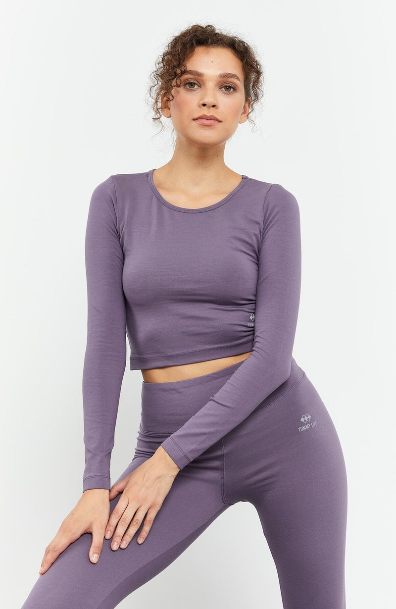 Tommy Life Violet Women's High Waist Long Sleeve Slim Fit Crop Top Leggings Set - 95286  - Image 5