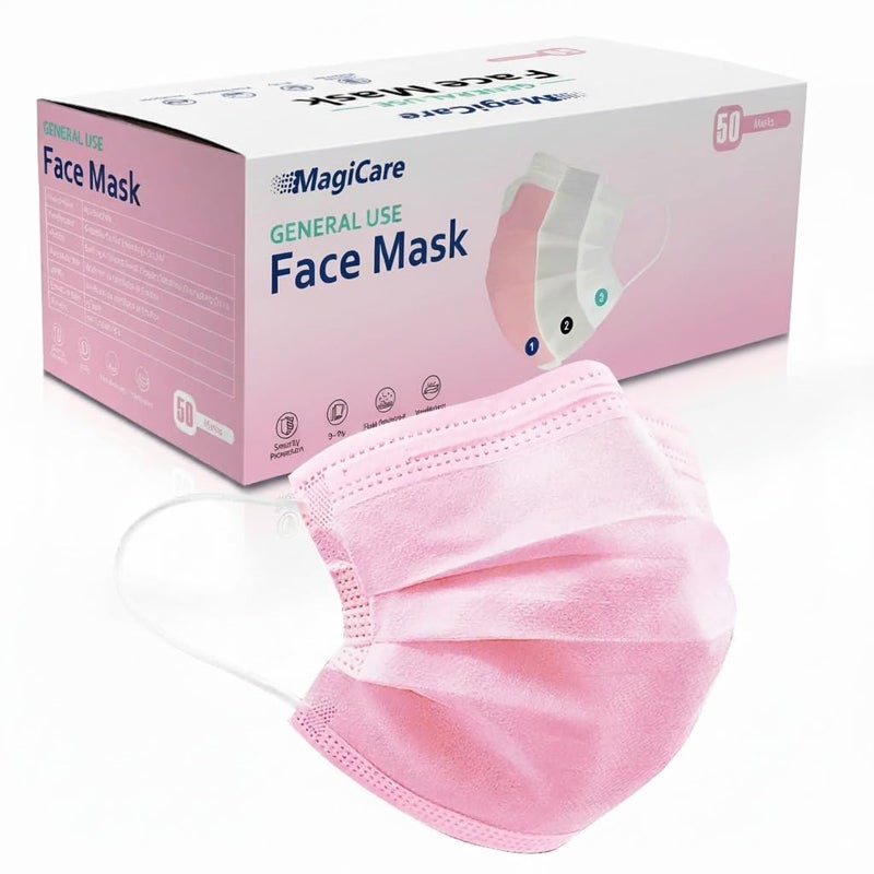 MAGICARE Pink Face Mask, Disposable - 3 Ply, Premium Pink Mask for Adults - Soft, Breathable, Comfortable - Disposable Face Masks for Women & Men (50/Box) - Image 1