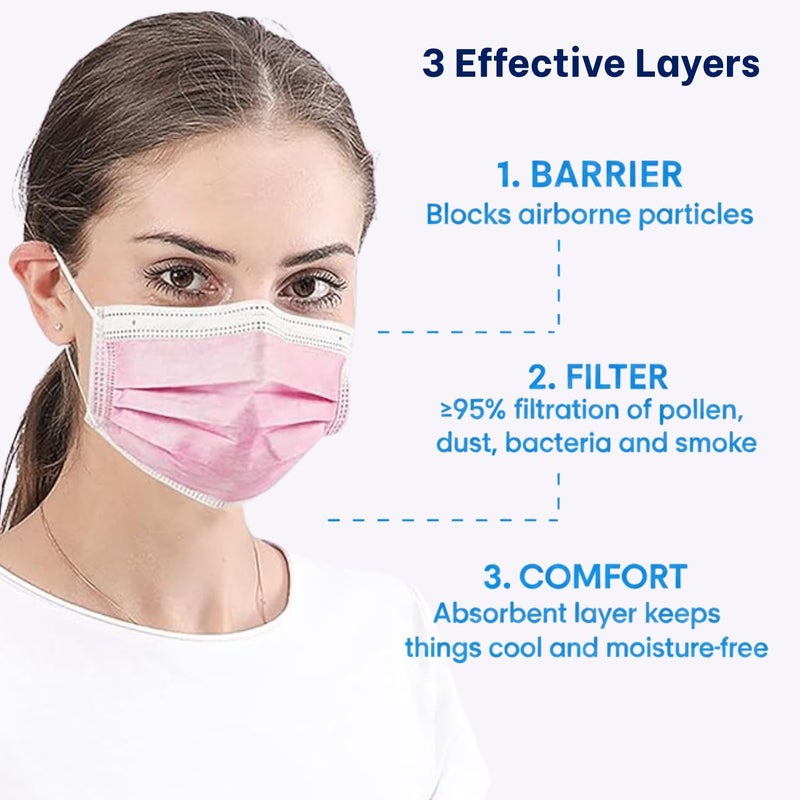 MAGICARE Pink Face Mask, Disposable - 3 Ply, Premium Pink Mask for Adults - Soft, Breathable, Comfortable - Disposable Face Masks for Women & Men (50/Box) - Image 3