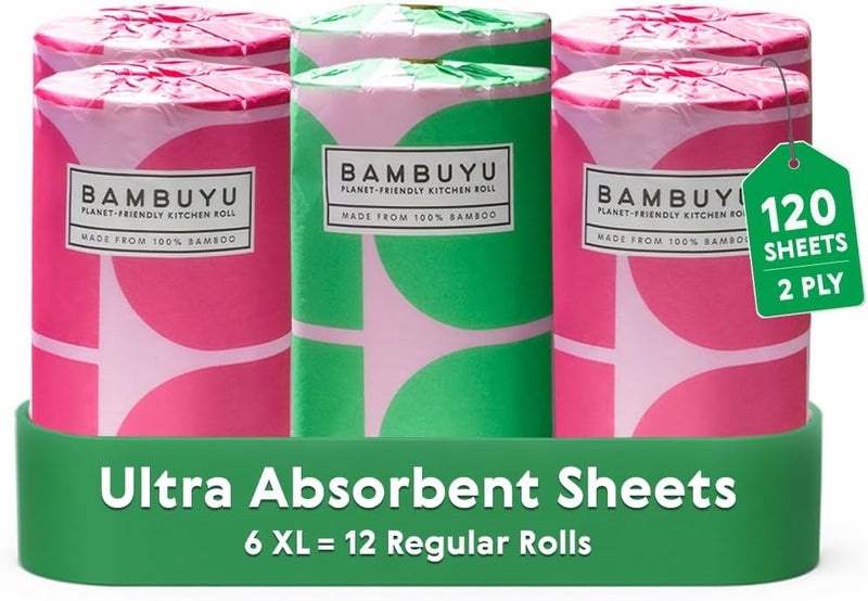Bambuyu – Bamboo Kitchen Paper Towel | 6 Rolls (2-ply, 120 sheets) | Eco-Friendly, Plastic-free, Absorbent, Family-safe - Image 1