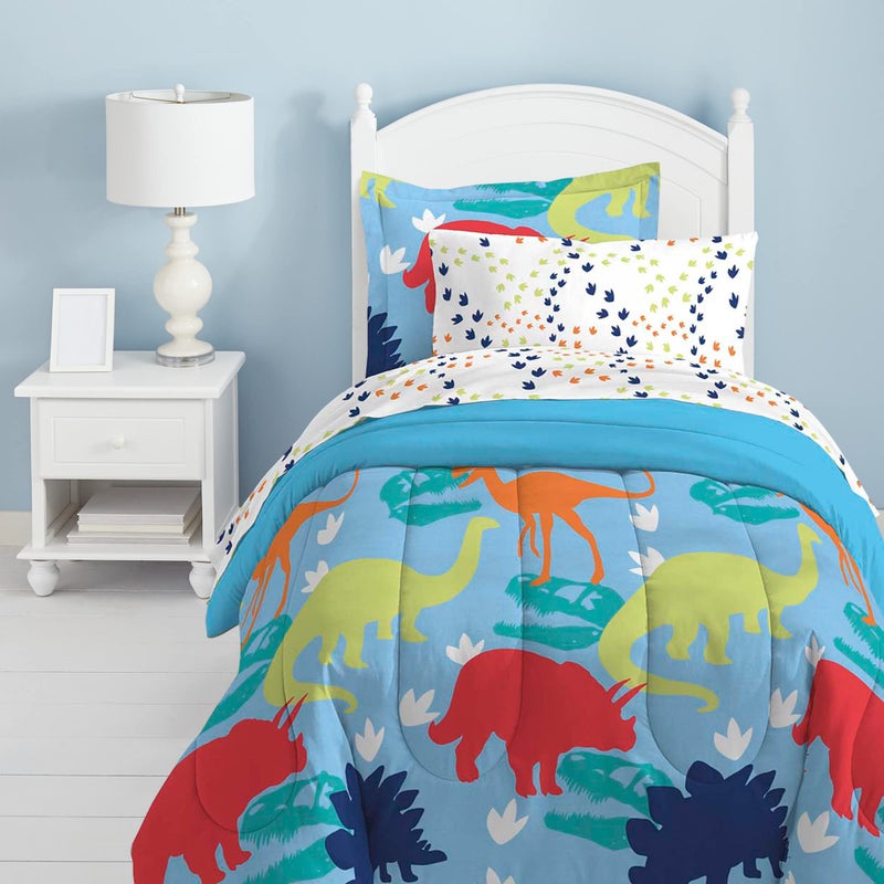 Dream Factory Dinosaur Prints Boys Comforter Set with Sheets Kids Bedding Bed in a Bag MultiColored Twin Blue Red