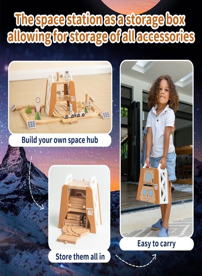 EverEarth Wooden Train Set Space Toys, Wood Train Track Set 39pcs, Mars Explore Base Train Space Station with Rocket and Astronaut for Kids 36m+, FSC Certified - Image 2