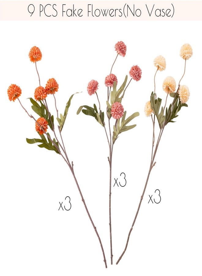 trytuny Fake Fall Flowers for Vase, Faux Silk Kiku Mums, Artificial Pom pom Floral Bouquets Indoor Centerpiece Office Coffee Table Boho Home Decorations (9, Mixed Orange) - Image 5