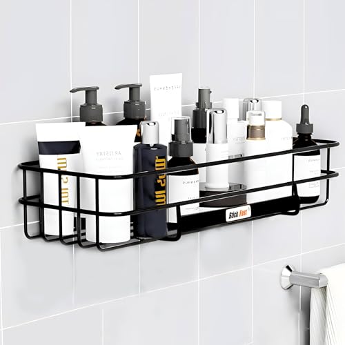SF - Stick Fast Bathroom Shelf Self-Adhesive - Elegance Tray with 3M Sticker for Wall Mount Multipurpose Kitchen & Bathroom Storage Organizer Tray Rack Pack of 1 - Black, Stainless Steel - Image 1