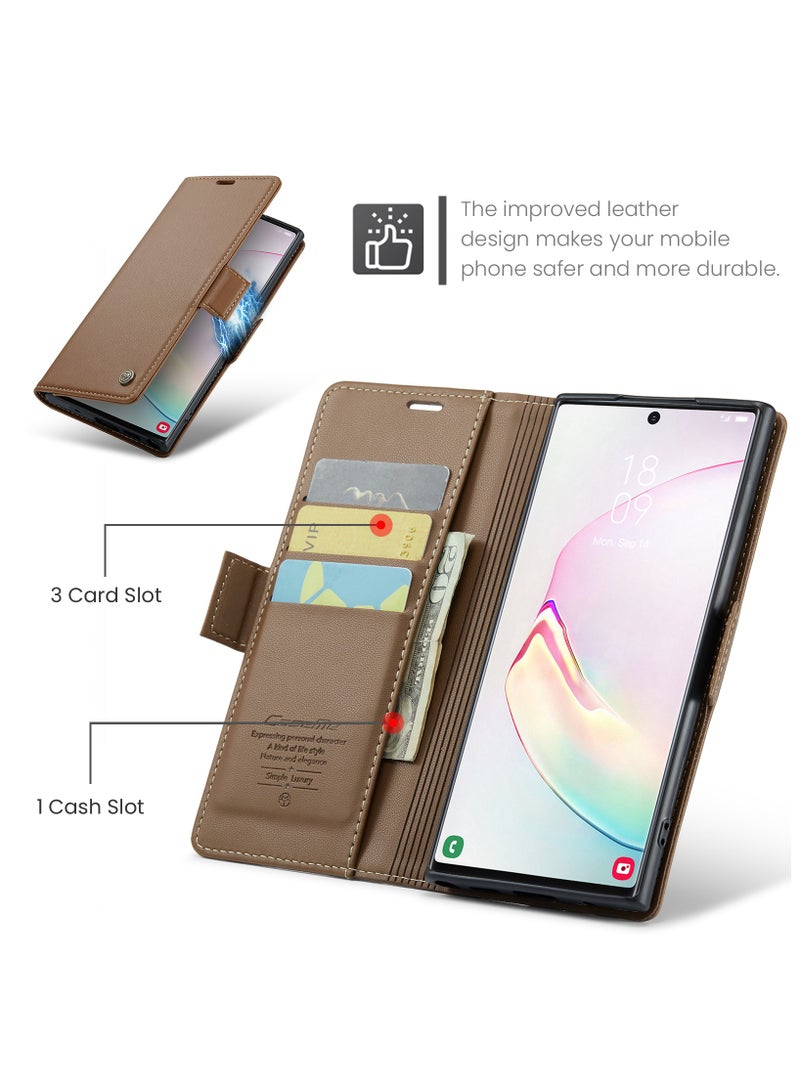 اليشمك جراب هاتف لسامسونج غالاكسي نوت 10 زائد المضادة للخدش الجلود مسنده فتحة للبطاقات المال جيب البني - Image 2