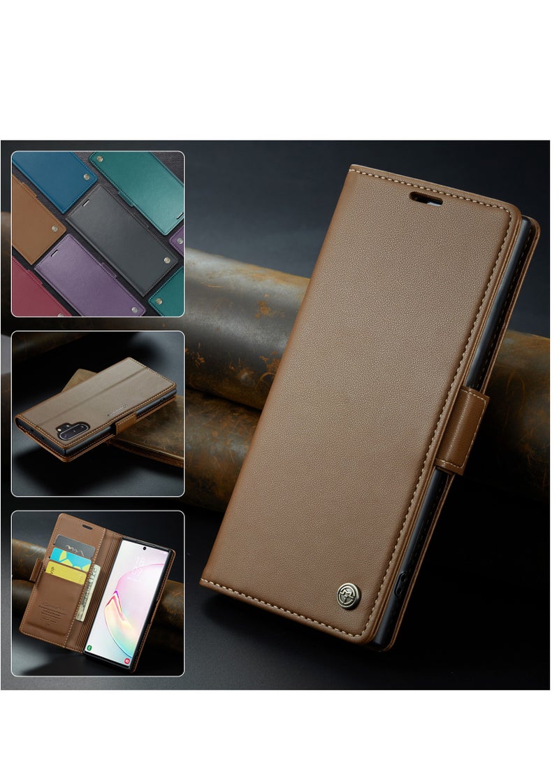 اليشمك جراب هاتف لسامسونج غالاكسي نوت 10 زائد المضادة للخدش الجلود مسنده فتحة للبطاقات المال جيب البني - Image 4