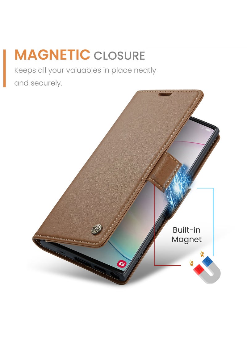 اليشمك جراب هاتف لسامسونج غالاكسي نوت 10 زائد المضادة للخدش الجلود مسنده فتحة للبطاقات المال جيب البني - Image 3