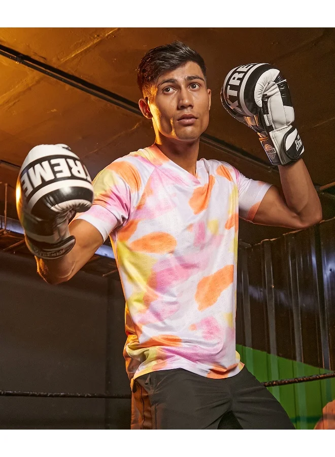 CS Life Men's Tangerine Orange & Light Pink Water Strokes Activewear T-Shirt For Casual Wear | V Neck | Short Sleeve | Anti-Odor | Dri-Fit | Jersey T-Shirt Crafted With Comfort Fit & High-Performance