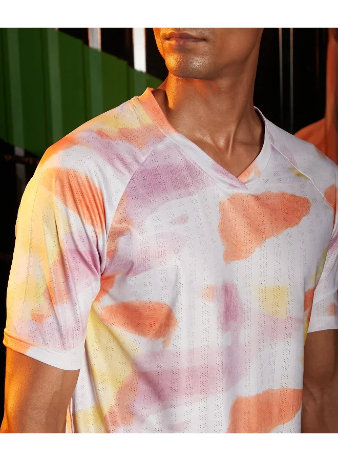 Campus Sutra CS Life Men's Tangerine Orange & Light Pink Water Strokes Activewear T-Shirt For Casual Wear | V Neck | Short Sleeve | Anti-Odor | Dri-Fit | Jersey T-Shirt Crafted With Comfort Fit & High-Performance