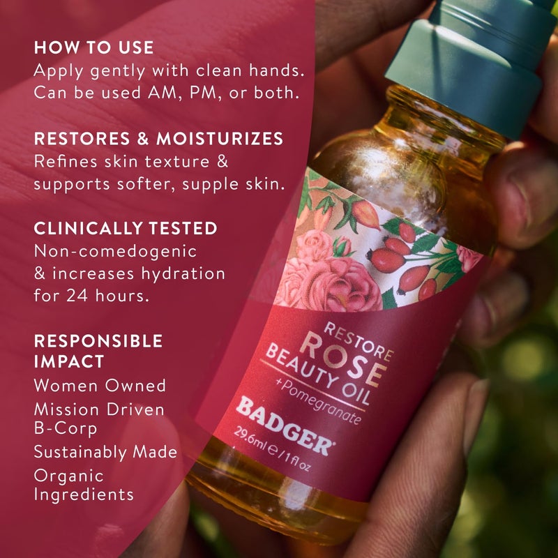 Badger Rose Face Oil, 100% Organic Face Moisturizer, Nourishing & Soothing Organic Jojoba Oil & Rose Oil, Vegan Antioxidant Rich Moisturizing Facial Oil, 1 fl oz Glass Bottle - Image 5