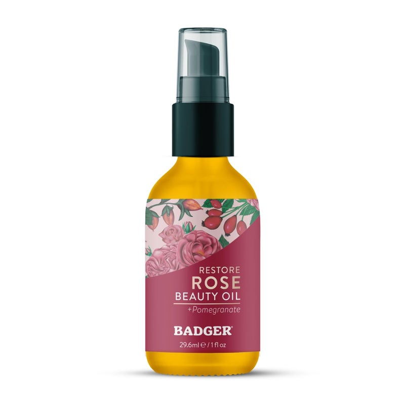 Badger Rose Face Oil, 100% Organic Face Moisturizer, Nourishing & Soothing Organic Jojoba Oil & Rose Oil, Vegan Antioxidant Rich Moisturizing Facial Oil, 1 fl oz Glass Bottle - Image 1