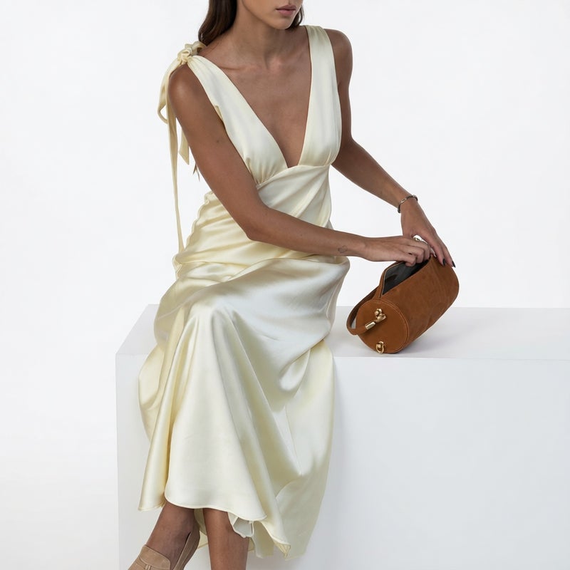 V Neck Backless Tie Strap Sleeveless Bodycon Maxi Dress High Waist Wrap Long Dress - Image 2
