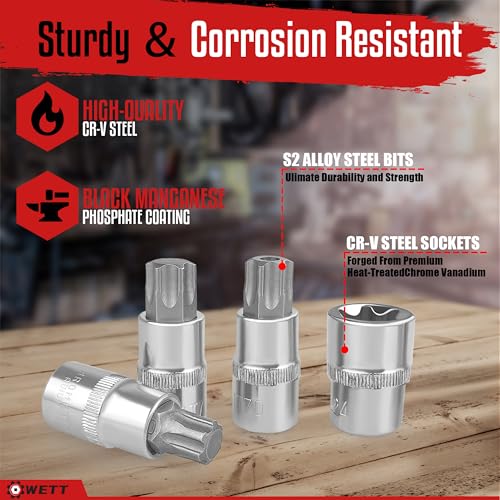 WETT Master Torx Bit Socket and External Torx Socket Set, 60-Piece 1/4", 3/8", 1/2" Drive E-Torx Sockets (E4-E24, T6-T70, TT6-TT70, TP8-TP60), S2 and CR-V Steel - Image 5