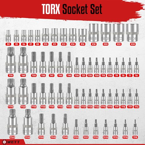 WETT Master Torx Bit Socket and External Torx Socket Set, 60-Piece 1/4", 3/8", 1/2" Drive E-Torx Sockets (E4-E24, T6-T70, TT6-TT70, TP8-TP60), S2 and CR-V Steel - Image 2