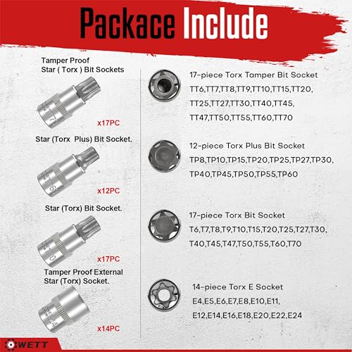 WETT Master Torx Bit Socket and External Torx Socket Set, 60-Piece 1/4", 3/8", 1/2" Drive E-Torx Sockets (E4-E24, T6-T70, TT6-TT70, TP8-TP60), S2 and CR-V Steel - Image 3