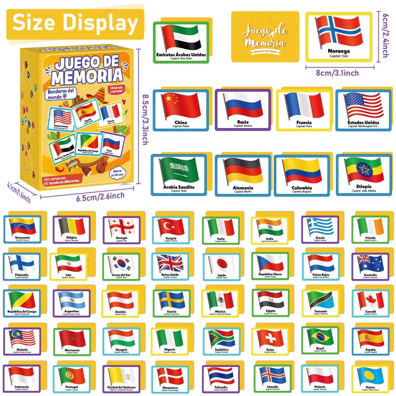 gisgfim 50 Pairs Juego de Memoria de Banderas del Mundo en espaÃ±ol para niÃ±os y adultos Flags of the World Memory Matching Games in Spanish Educational Matching Game Fun Fast Memory Game Gift Learning - Image 2