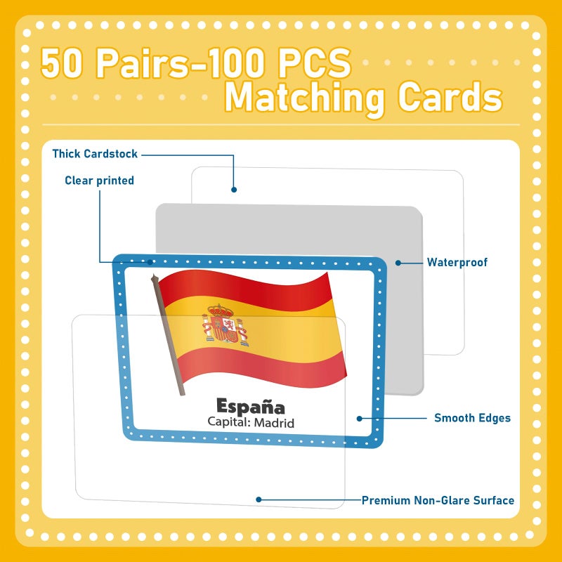 gisgfim 50 Pairs Juego de Memoria de Banderas del Mundo en espaÃ±ol para niÃ±os y adultos Flags of the World Memory Matching Games in Spanish Educational Matching Game Fun Fast Memory Game Gift Learning - Image 3