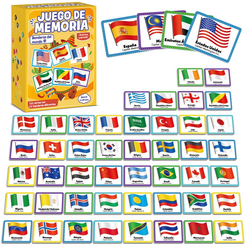 gisgfim 50 Pairs Juego de Memoria de Banderas del Mundo en espaÃ±ol para niÃ±os y adultos Flags of the World Memory Matching Games in Spanish Educational Matching Game Fun Fast Memory Game Gift Learning - Image 1