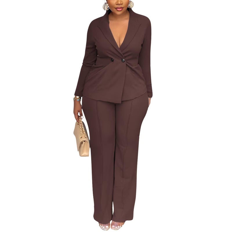 Kafiloe Women Double Breasted Blazer Pants Suit 2 Piece Outfits Casual Long Sleeve Blazer Set for Work Business Brown XL - Image 2