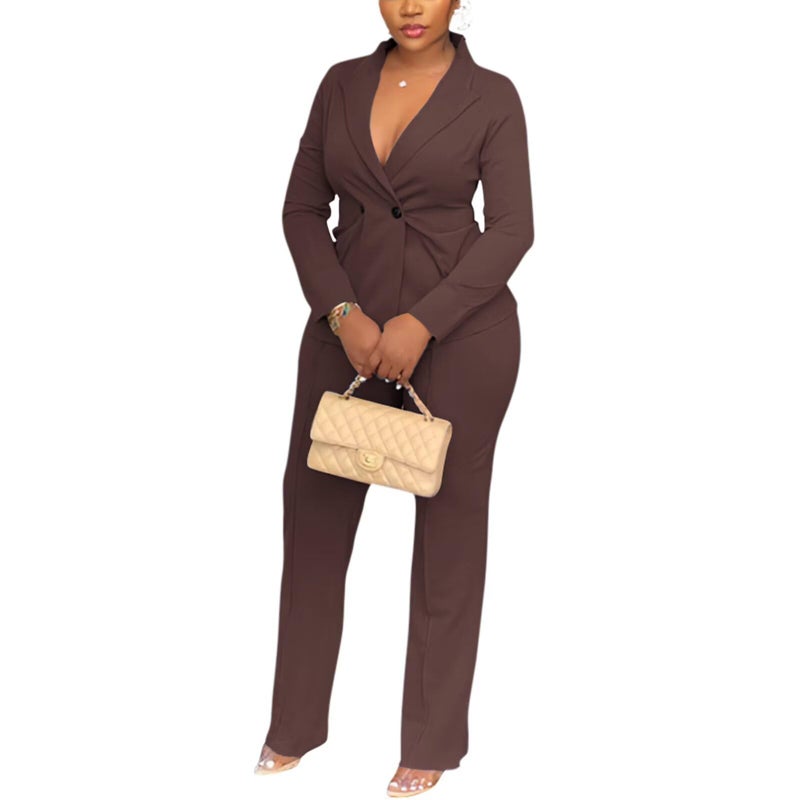 Kafiloe Women Double Breasted Blazer Pants Suit 2 Piece Outfits Casual Long Sleeve Blazer Set for Work Business Brown XL - Image 5