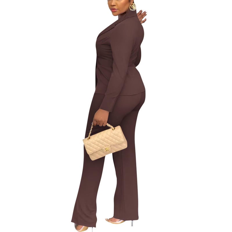 Kafiloe Women Double Breasted Blazer Pants Suit 2 Piece Outfits Casual Long Sleeve Blazer Set for Work Business Brown XL - Image 3