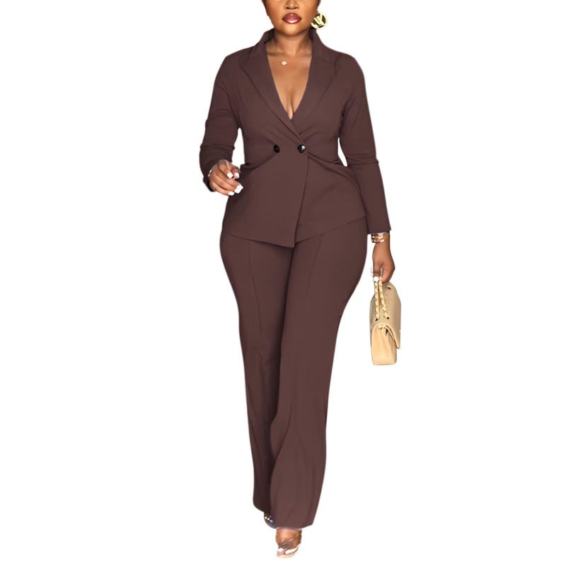 Kafiloe Women Double Breasted Blazer Pants Suit 2 Piece Outfits Casual Long Sleeve Blazer Set for Work Business Brown XL - Image 1