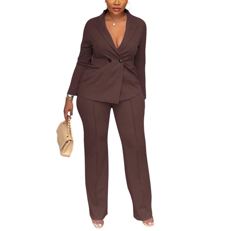 Kafiloe Women Double Breasted Blazer Pants Suit 2 Piece Outfits Casual Long Sleeve Blazer Set for Work Business Brown XL - Image 4