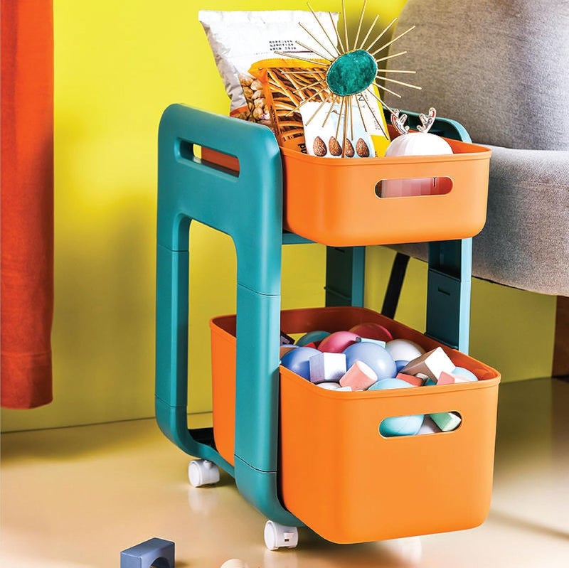 HomeStrap Wheels Of Wonder Multipurpose Space Saving Shelf Stand 2 Layer Modular Drawer Orange - Image 1