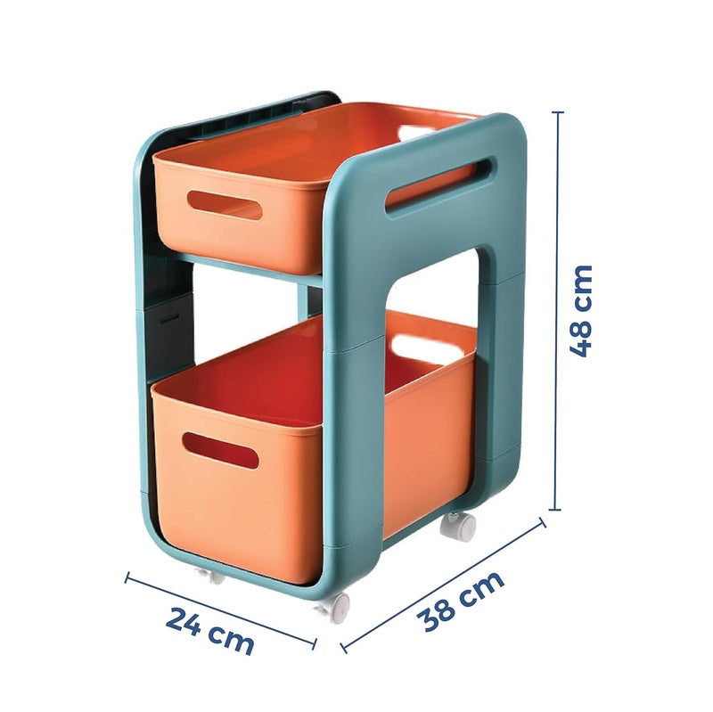 HomeStrap Wheels Of Wonder Multipurpose Space Saving Shelf Stand 2 Layer Modular Drawer Orange - Image 2