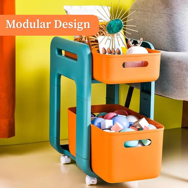 HomeStrap Wheels Of Wonder Multipurpose Space Saving Shelf Stand 2 Layer Modular Drawer Orange - Image 5