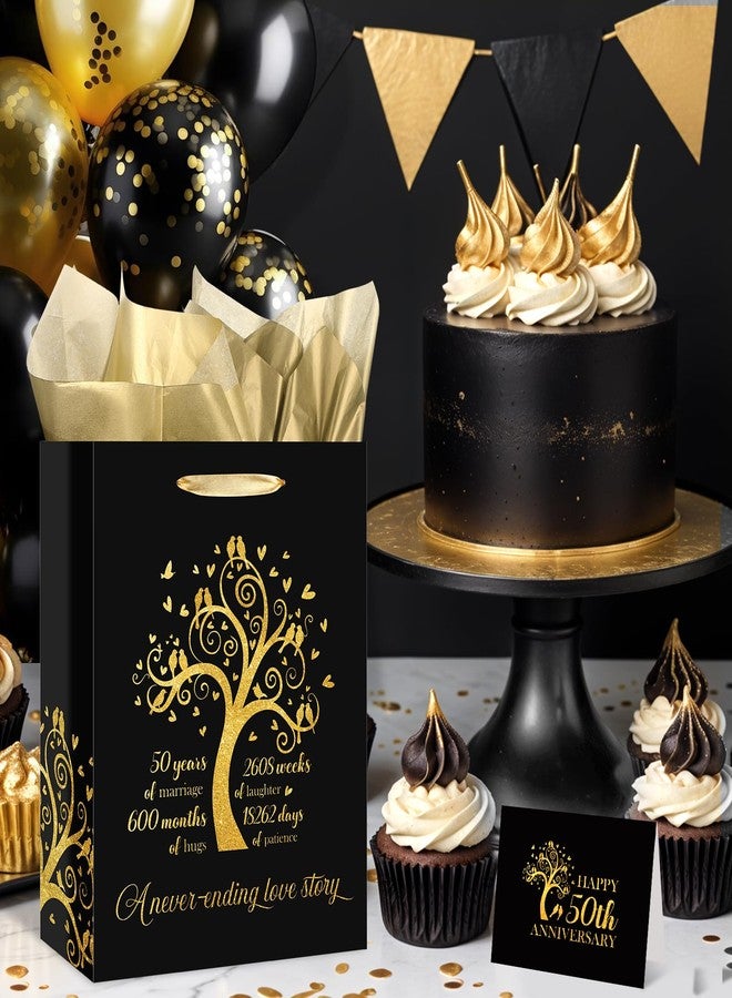 Woosytoo 50th Anniversary Paper Gift Bag Black Gold Happy 50th Anniversary Bag with Tissue Papers and Card Gold 50th Wedding Anniversary Paper Gift Wrapping Bag for Golden Wedding 50th Anniversary Decorations - Image 2