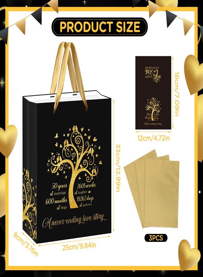 Woosytoo 50th Anniversary Paper Gift Bag Black Gold Happy 50th Anniversary Bag with Tissue Papers and Card Gold 50th Wedding Anniversary Paper Gift Wrapping Bag for Golden Wedding 50th Anniversary Decorations - Image 3