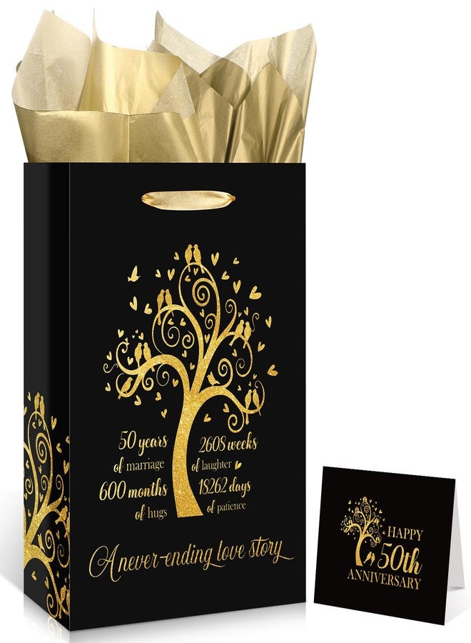 Woosytoo 50th Anniversary Paper Gift Bag Black Gold Happy 50th Anniversary Bag with Tissue Papers and Card Gold 50th Wedding Anniversary Paper Gift Wrapping Bag for Golden Wedding 50th Anniversary Decorations - Image 1