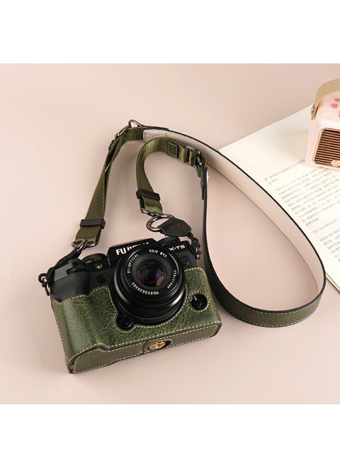 Suitable For Fuji XS20 Protective Case XT30 Second Generation Camera Bag XT5 Base XM5 Leather Case XT20/XS10 Case-Color:D: Xt5 Lychee Pattern Base [green] + V303 Shoulder Strap, Tempered Film Included (excluding Hot Shoe Cover)