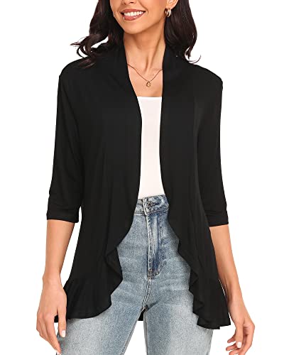 Argstar Black Cardigan for Women 3/4 Sleeve, Lightweight Open Front Casual Soft Draped Ruffles XL - Image 4