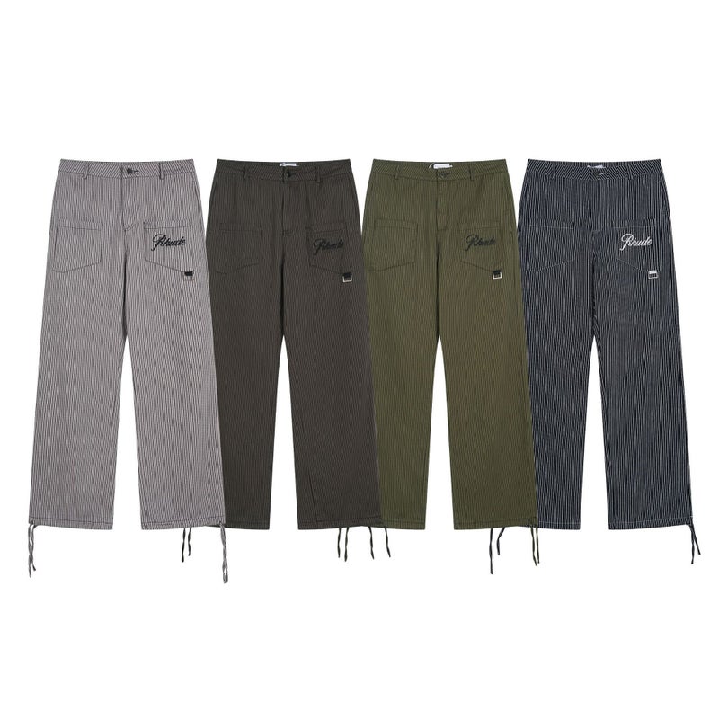 High Street Rhude Classic Striped Embroidered Letter Tooling Trousers Loose Straight Drawstring Casual Pants - Image 2
