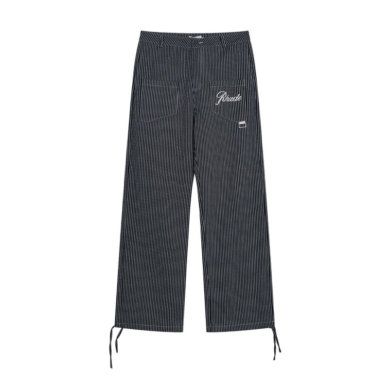 High Street Rhude Classic Striped Embroidered Letter Tooling Trousers Loose Straight Drawstring Casual Pants - Image 1