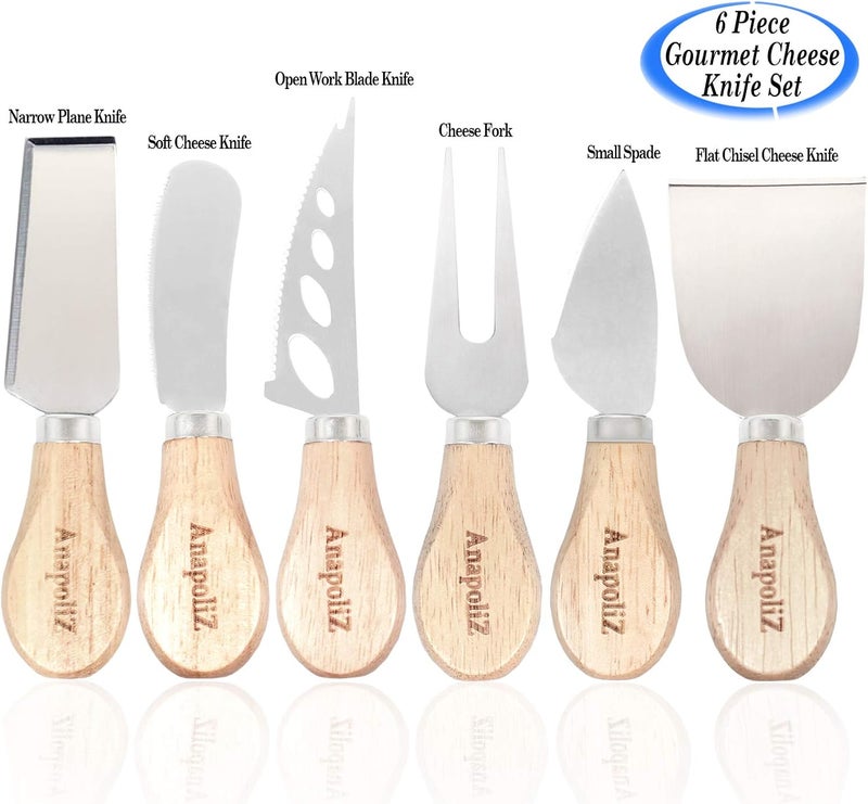 Anapoliz طقم سكاكين جبن أنابوليز 6 قطع مقبض خشبي من الفولاذ المقاوم للصدأ سكاكين ضيقة مسطحة شوكة جبن مجرفة صغيرة ملعقة شافرة شفرة عمل مفتوحة طقم سكاكين جبن فاخر 6 قطع - Image 5