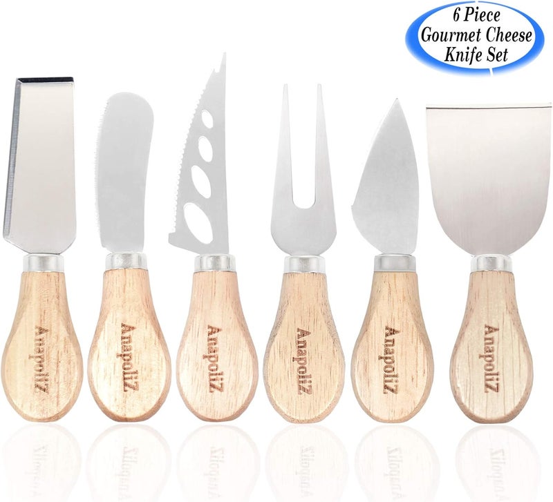 Anapoliz طقم سكاكين جبن أنابوليز 6 قطع مقبض خشبي من الفولاذ المقاوم للصدأ سكاكين ضيقة مسطحة شوكة جبن مجرفة صغيرة ملعقة شافرة شفرة عمل مفتوحة طقم سكاكين جبن فاخر 6 قطع - Image 4