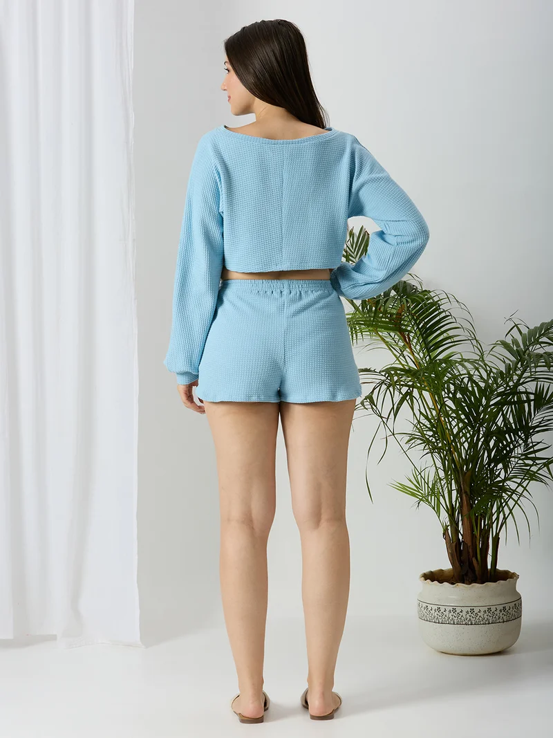 AMMARZO Sky Waffle Cozy Lounge Co-ord Set – Crop Top & Shorts