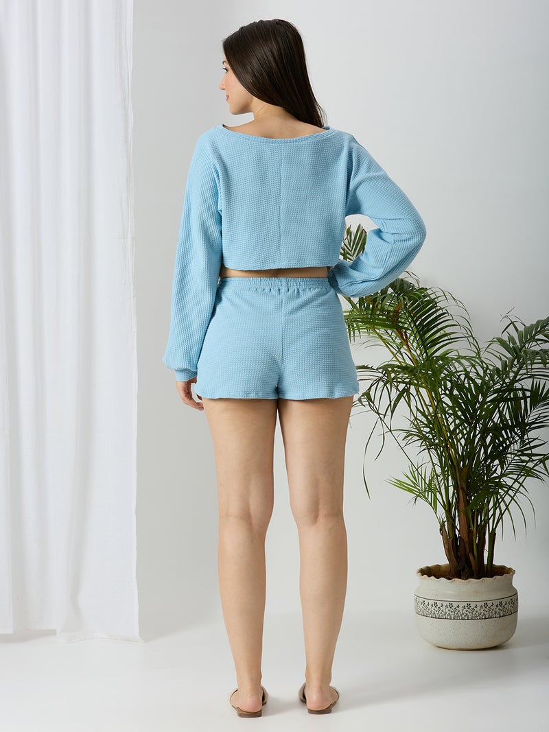AMMARZO Sky Waffle Cozy Lounge Co-Ord Set for Women | Soft Waffle Knit Crop Top & Shorts | Stylish Comfortable Loungewear Set for Home, Travel, Casual Wear & Daily Relaxed Outfits - Image 4