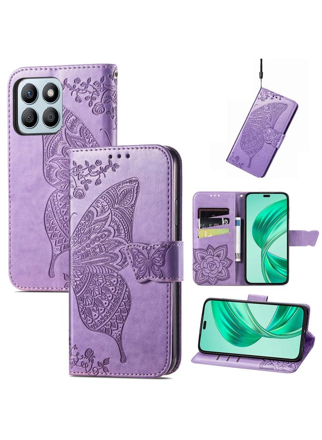 اس-توب جراب هاتف Honor X8b من الجلد المنقوش بنقشة زهور الحب والفراشات - Image 1