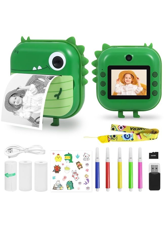 AURTEC Instant Camera for Kids, Mini Thermal Printing Camera, No Ink Required, 48MP Dual Camera,1080P HD Video, 32G TF Card, 3 Print Paper, 2.4 Inch Color Screen, Cute Animal Cartoon Design, Dinosaur  - Image 1