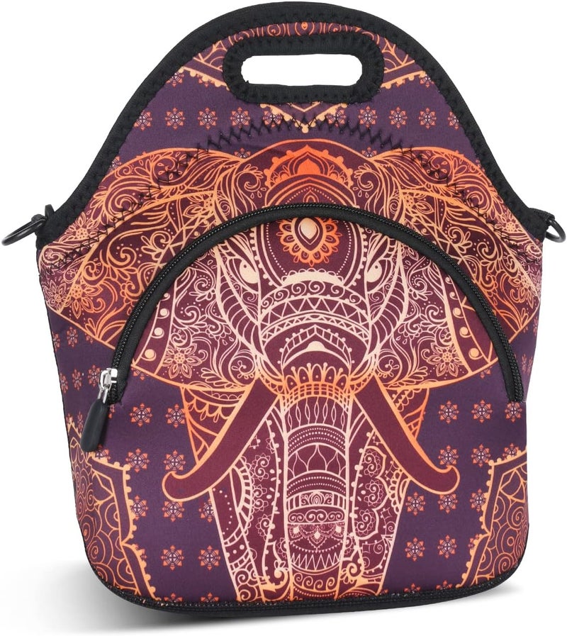 Violet Mist Neoprene Thermal Insulated Lunch Bag Tote Soft Large with Extra Pocket Detachable Adjustable Shoulder Lunchbox Handbags Women men, Retro Elephant 2 - Image 2