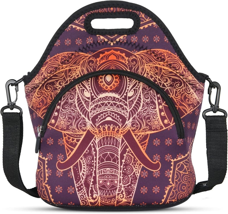 Violet Mist Neoprene Thermal Insulated Lunch Bag Tote Soft Large with Extra Pocket Detachable Adjustable Shoulder Lunchbox Handbags Women men, Retro Elephant 2 - Image 1