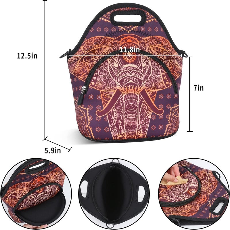 Violet Mist Neoprene Thermal Insulated Lunch Bag Tote Soft Large with Extra Pocket Detachable Adjustable Shoulder Lunchbox Handbags Women men, Retro Elephant 2 - Image 3