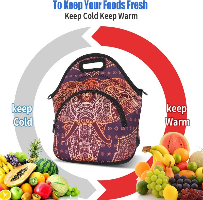 Violet Mist Neoprene Thermal Insulated Lunch Bag Tote Soft Large with Extra Pocket Detachable Adjustable Shoulder Lunchbox Handbags Women men, Retro Elephant 2 - Image 5