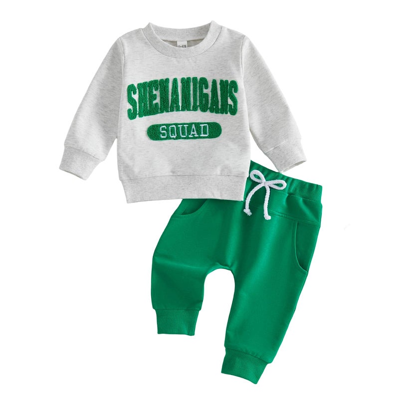 Frietlebird Toddler Boy St Patricks Day Outfit Letters Print Crewneck Sweatshirt with Pants Cute St Patricks Day Baby Boy Outfit (P-Grey Green,2-3T) - Image 1