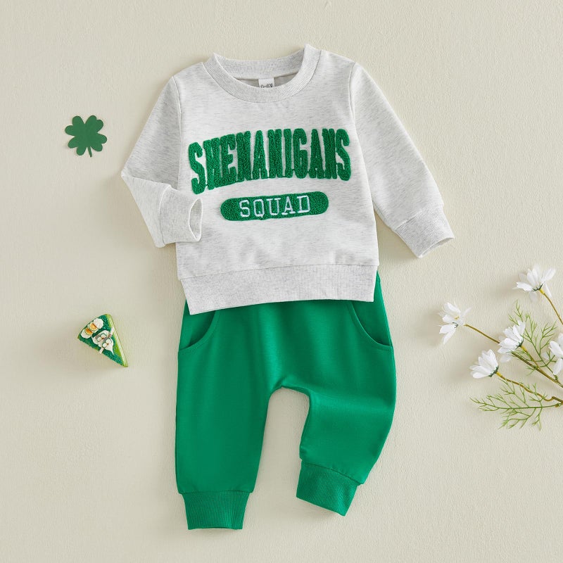 Frietlebird Toddler Boy St Patricks Day Outfit Letters Print Crewneck Sweatshirt with Pants Cute St Patricks Day Baby Boy Outfit (P-Grey Green,2-3T) - Image 2
